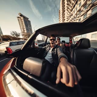 Deux hommes excités avec des coiffures contrastées conduisant une voiture, représentant un équilibre asymétrique chaud et un style réducteur.