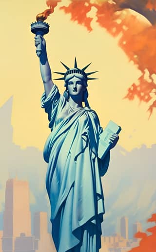 vintage travel poster of NYC America mid century autumn liberty island hudson river vibrant colors --style 3UhEO9htaK