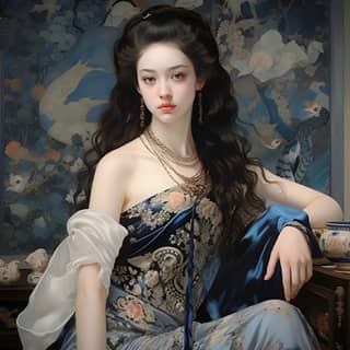 参加舞会的公主 金发碧眼 蓝色公主裙, in an oriental dress sitting on a chair