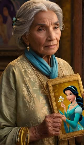 an elderly woman holds a picture of aladdin