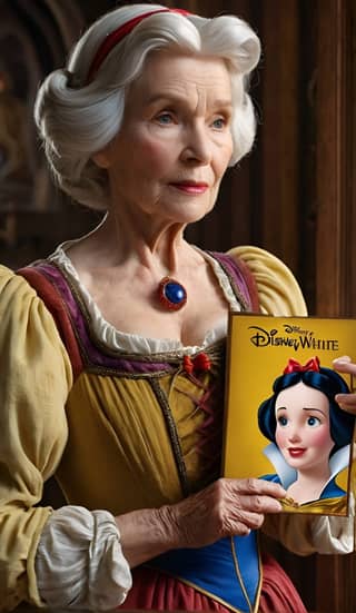 an older woman holding a book with snow white on it