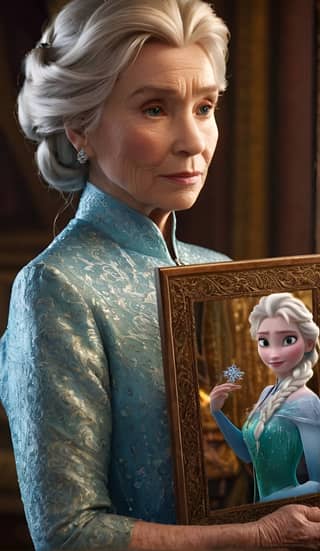 an older woman holding a picture of elsa