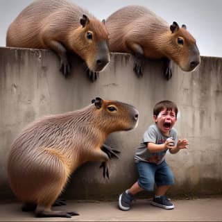 Un niño está parado junto a tres capibaras.