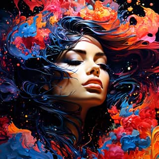 with colorful paint splatters on her face