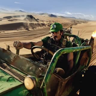 driving an old green jeep through the desert