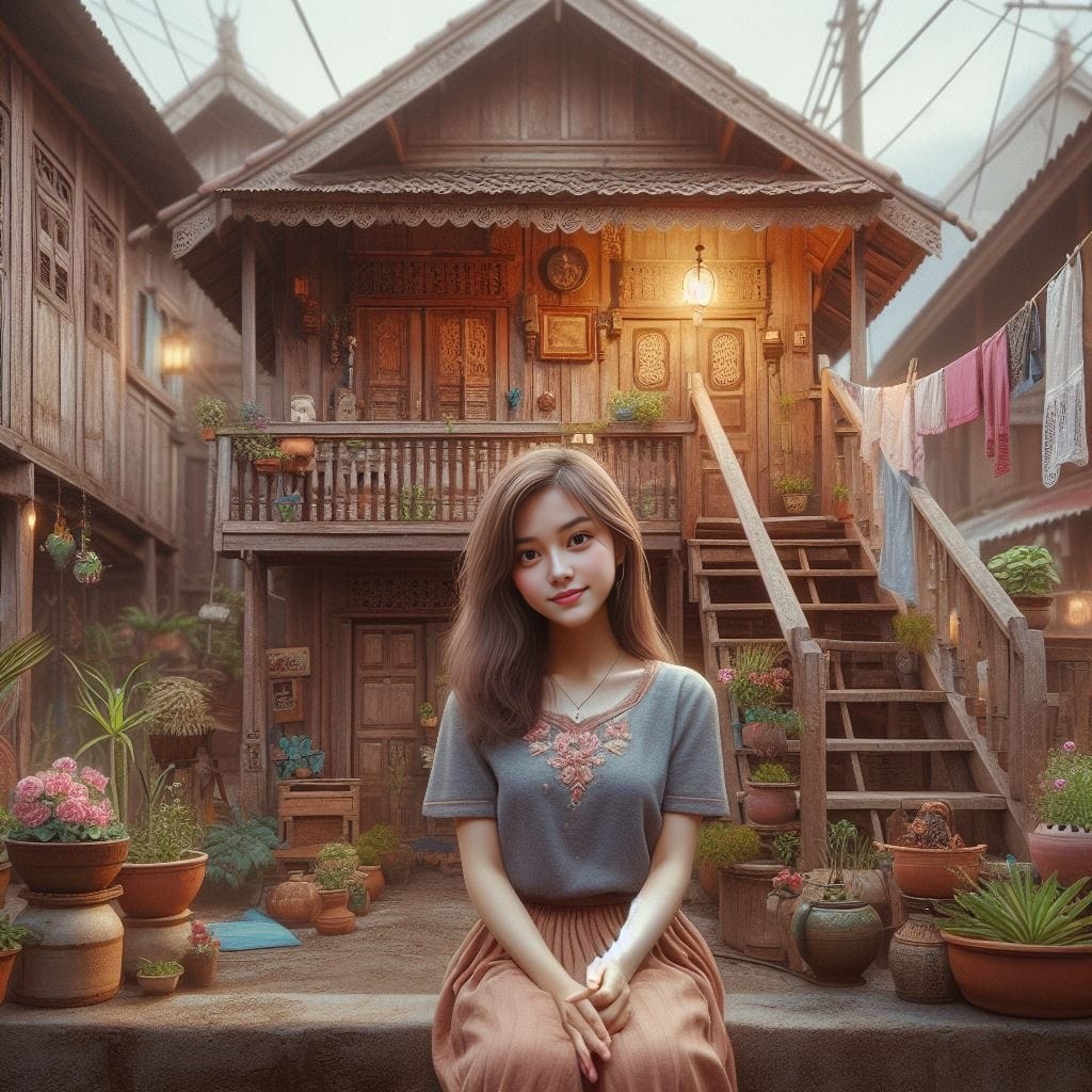 a girl sitting in front of a house with potted plants