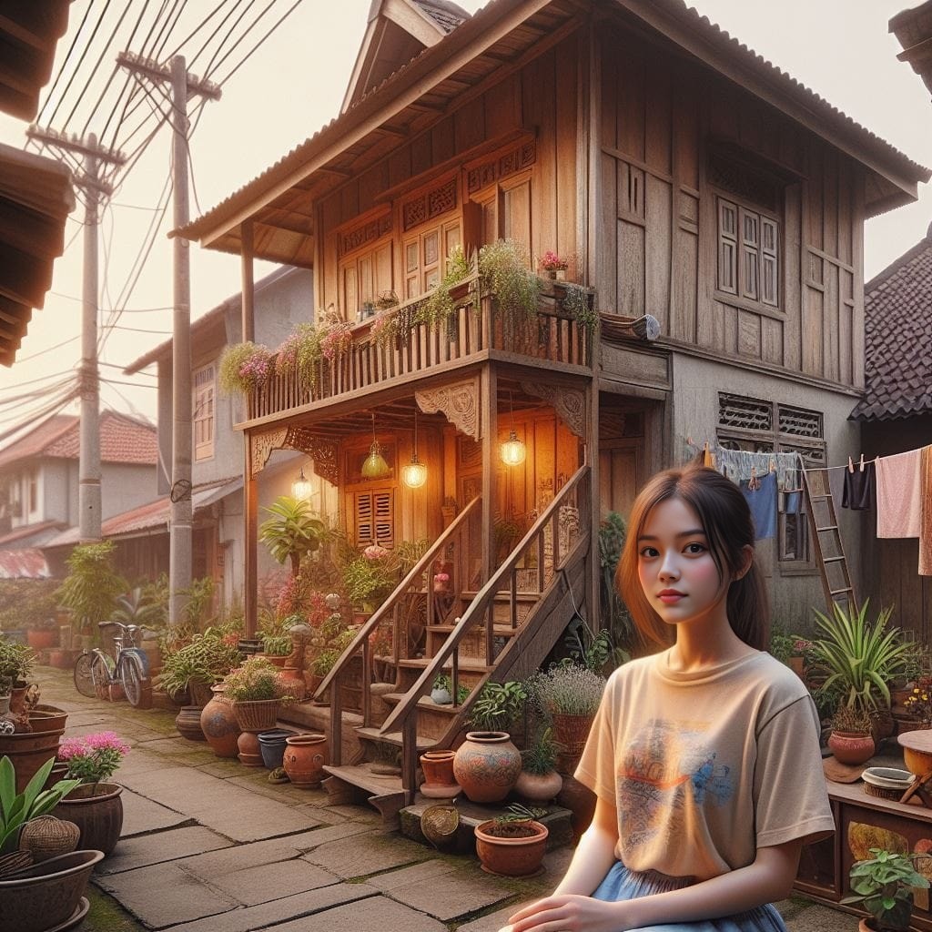 a girl sitting on a bench in front of a house