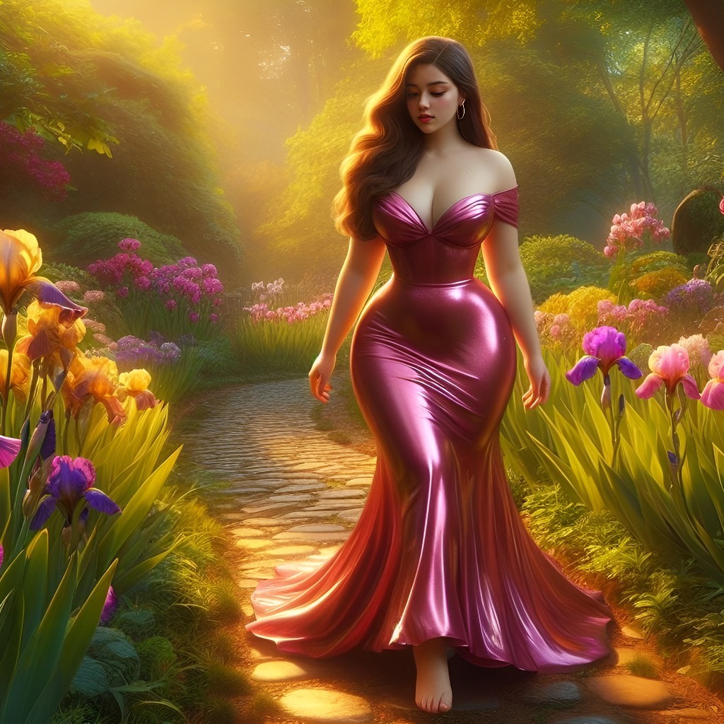 in a red dress walking through a garden