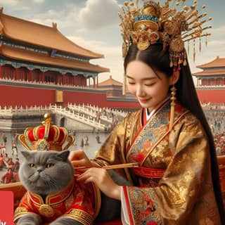 in traditional clothing sits on a throne with a cat