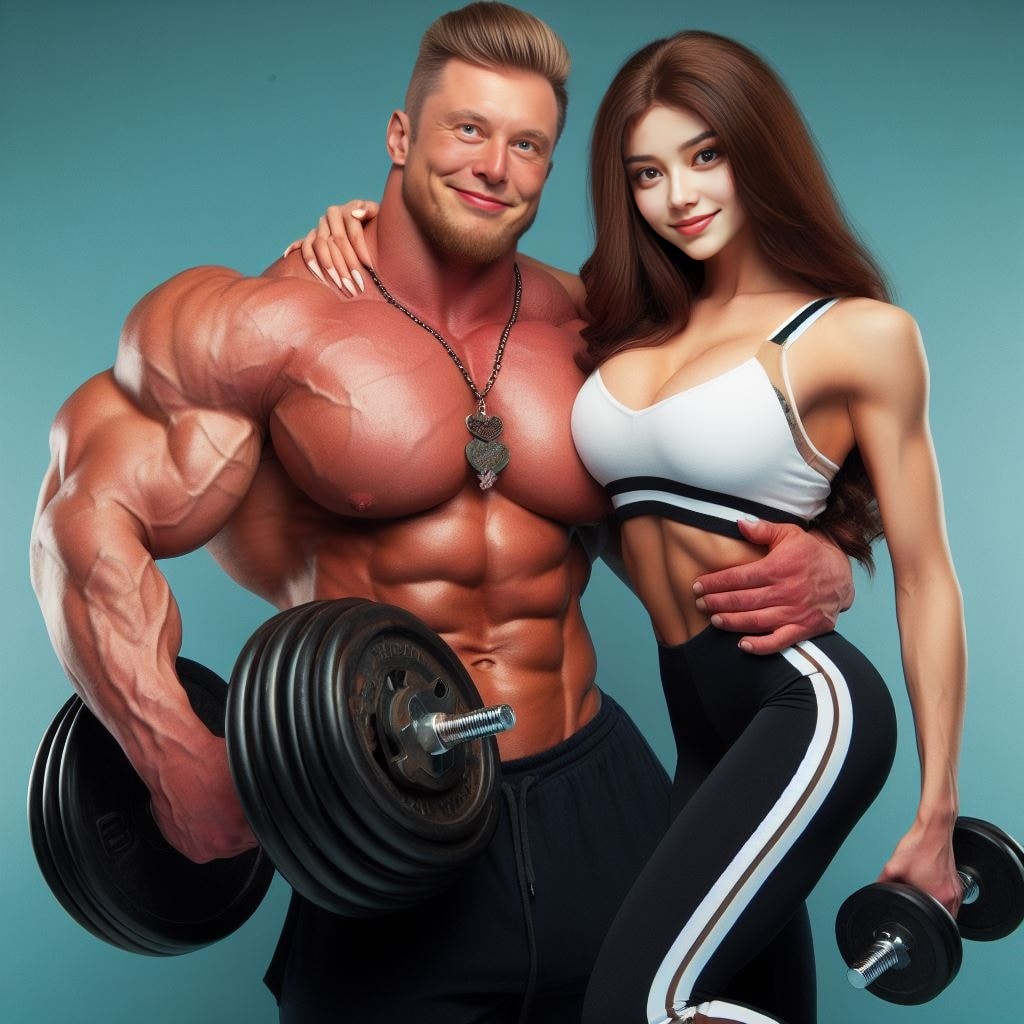 a muscular man and woman posing with a dumbbell