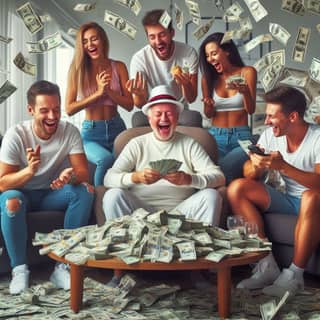 a group of people sitting around a table with money falling from the ceiling