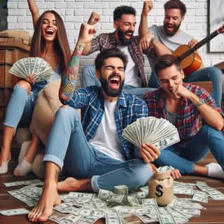 a group of people sitting on the floor with money