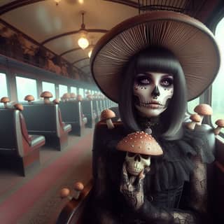 with a skull on her head sitting on a train