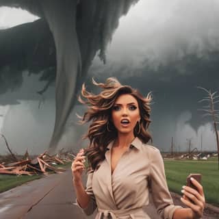 Una persona in un vestito bianco in piedi di fronte a un tornado.