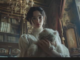 in a white dress holding a cat