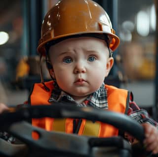 Bir turuncu sert şapka takan bebek bir forkliftin içinde oturuyor.