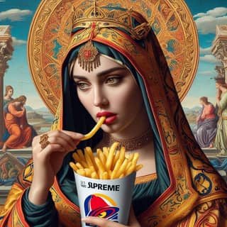 Mangiare le patatine fritte con una grande statua della Vergine Maria.