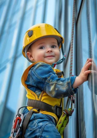 Ein junger Junge mit einem Schutzhelm und einer Sicherheitsweste.