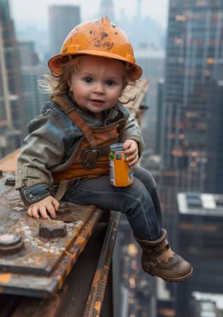 Un bambino piccolo indossa un casco arancione e tiene in mano una tazza.