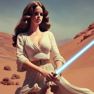 in a white dress with a light saber