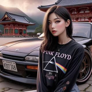 a girl in pink floyd shirt sitting next to a car