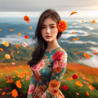 woman in a floral dress with orange flowers