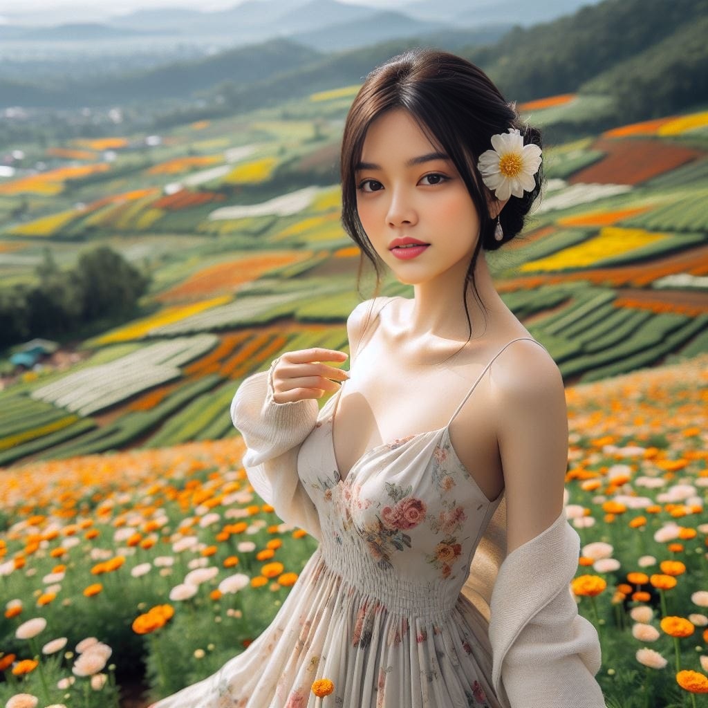 woman in a floral dress standing in a field of flowers