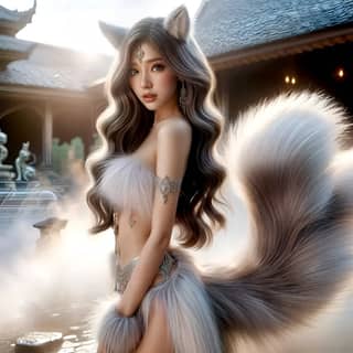 woman with long hair and a fox tail