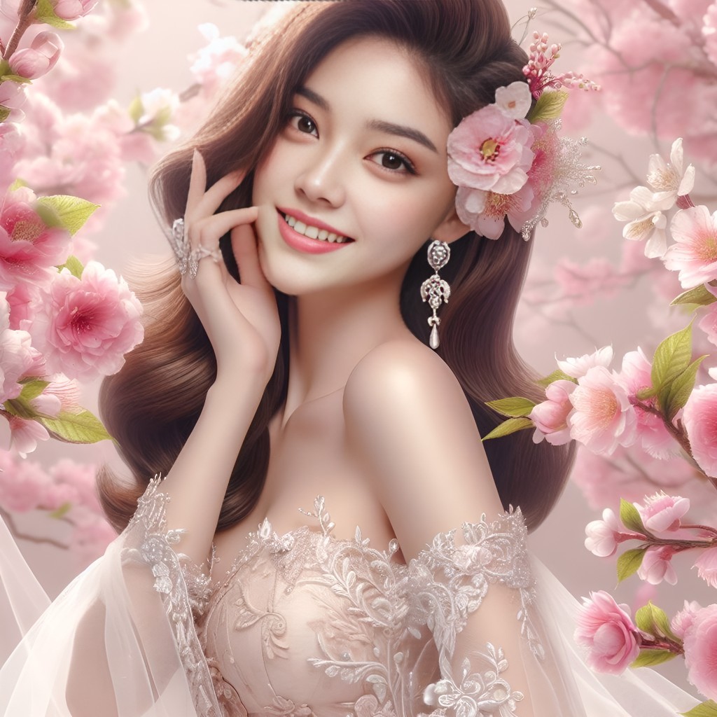 一个美丽的女人穿着一件婚纱，头发上点缀着鲜花。