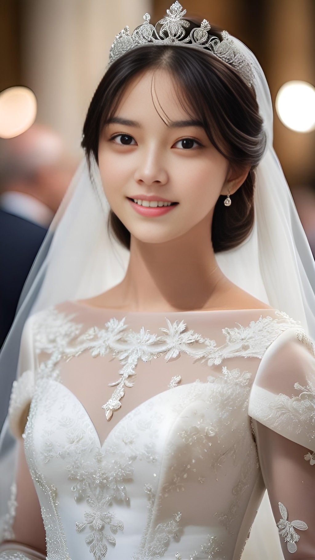 一位新娘穿着婚纱和头冠。