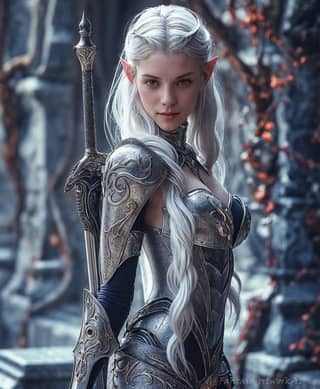 elf woman with long white hair and a sword