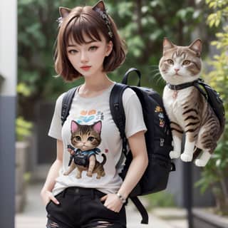 a girl with a backpack and cat on her back