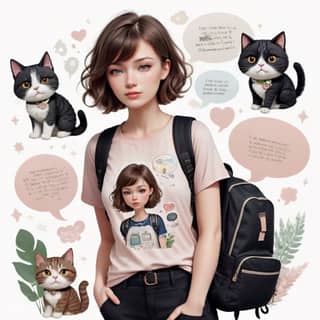 a girl with a backpack and cats