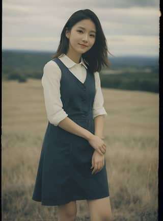 a girl in a blue dress standing in a field
