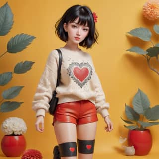 a girl in a sweater and shorts with a heart on her chest