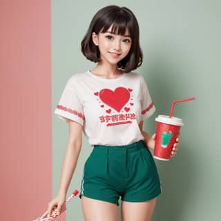 a girl in a t - shirt and shorts holding a cup of coffee