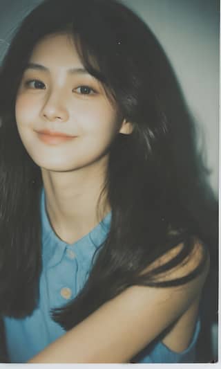 with long black hair and a blue top