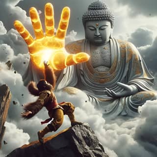 Eine Hand Gottes streckt sich nach einer Buddha-Statue am Himmel aus.