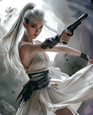 in a white dress holding a gun