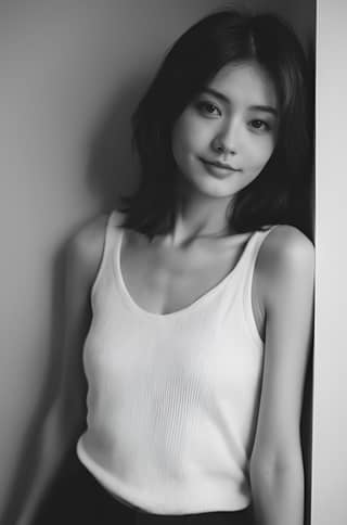in a white tank top leaning against a wall