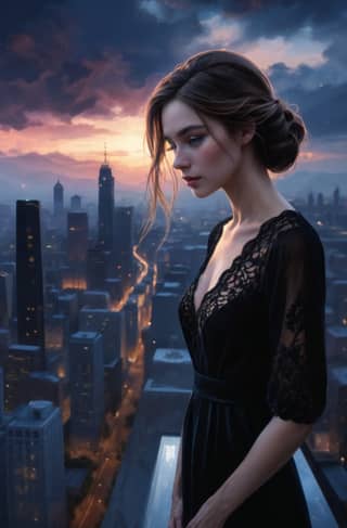 in a black dress stands on a rooftop looking at the city