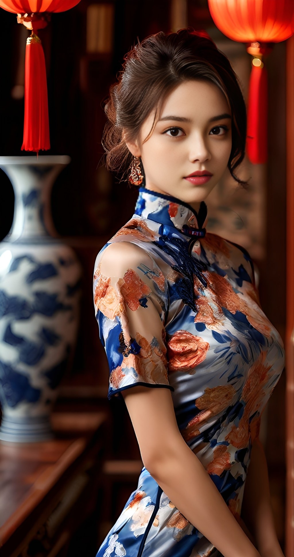 Memakai cheongsam biru dan merah.