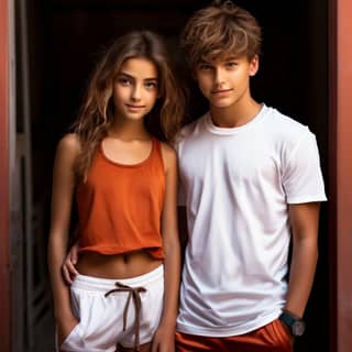 Couple portant des shorts orange et des t-shirts blancs.