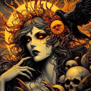 with a crescent moon on her head and skulls around her