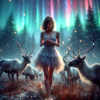 in a dress standing in front of reindeer
