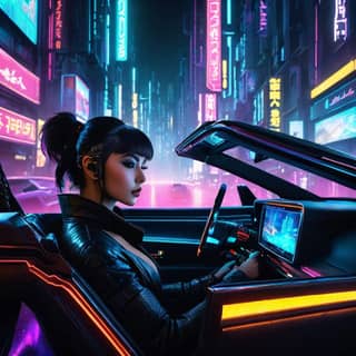 Guidare in un'auto futuristica adornata con luci al neon.