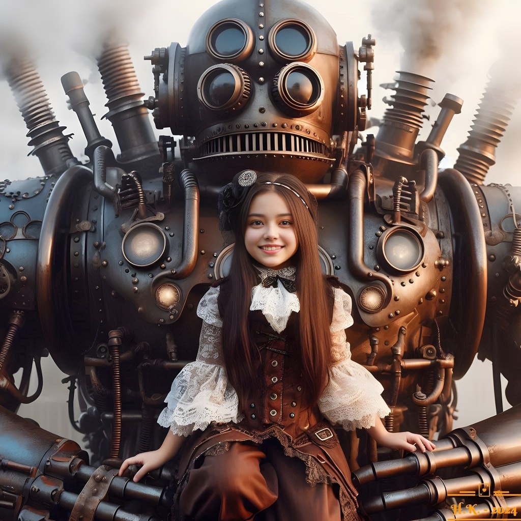 Bir kız, dev bir robottan birlikte poz verirken steampunk kıyafetiyle.