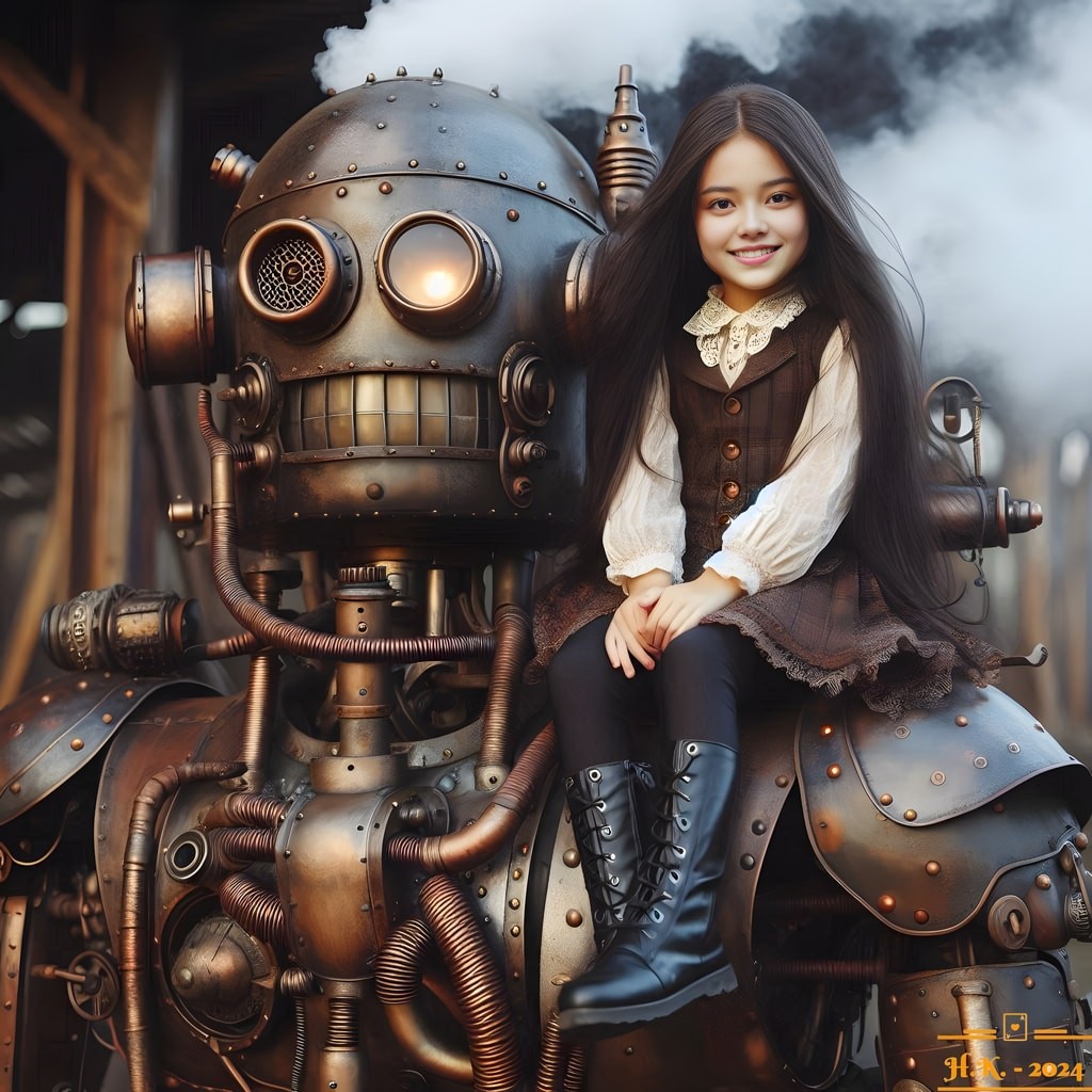 Une petite fille assise sur le dessus d'un robot fonctionnant à la vapeur.