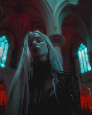 with long blonde hair standing in front of a church