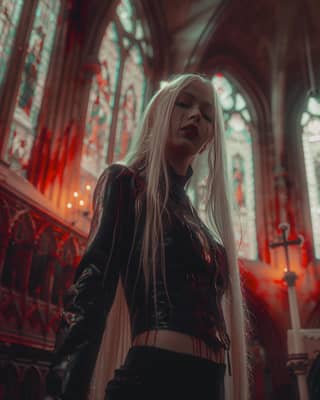 with long white hair standing in a church